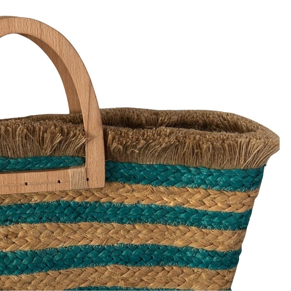 ANTIK KRAFT Hashree Wicker Jute Blue Stripes Tote Bag Wooden Handles Beach Bag - Picture 10 of 16